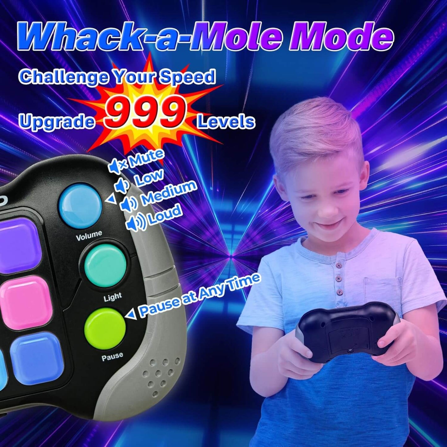 Child playing with handheld gamepad in Whack-a-Mole mode, highlighting 999 levels and colorful buttons.