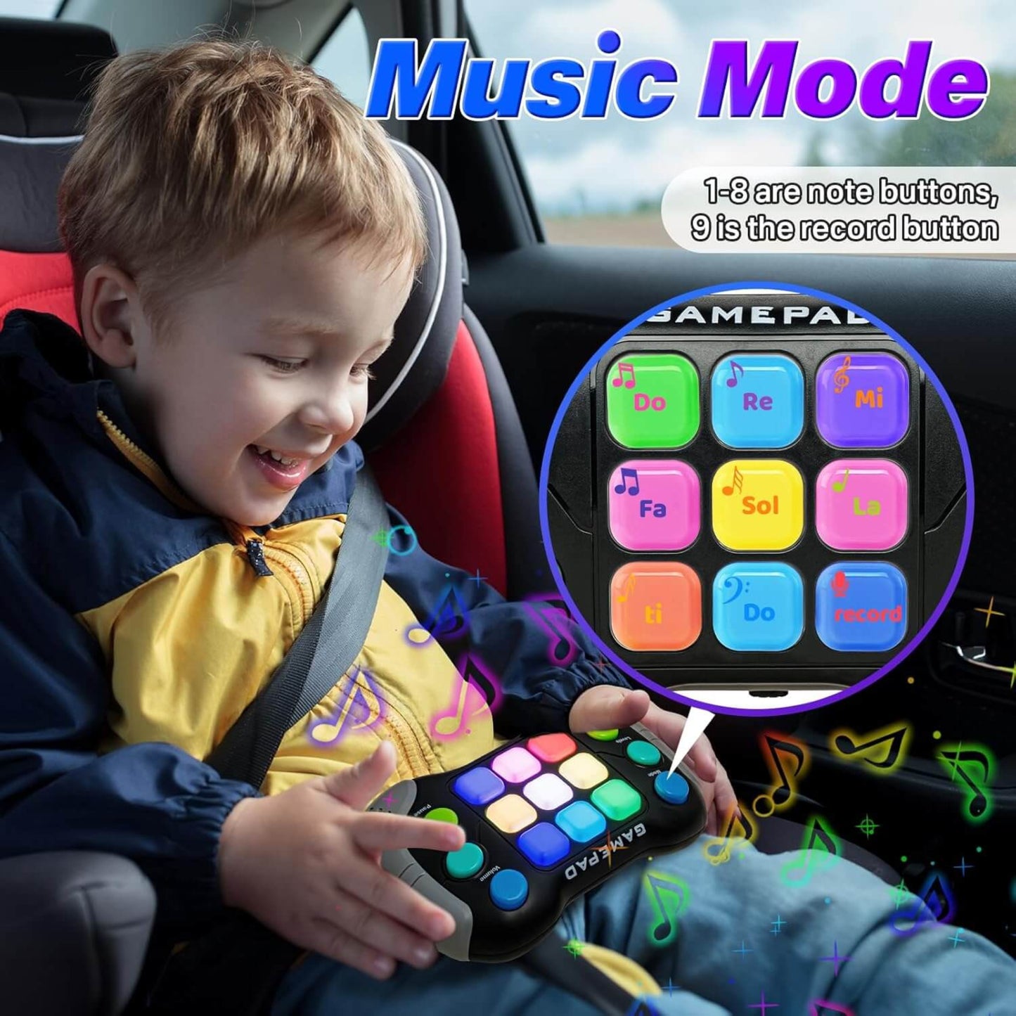 Child playing with Kids Handheld Gamepad in music mode, showcasing colorful buttons and icons for interactive sound play.