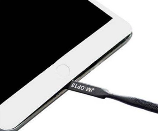 JM-OP13 anti-static pry bar tool inserted in mobile device for safe disassembly and repair of electronic gadgets.