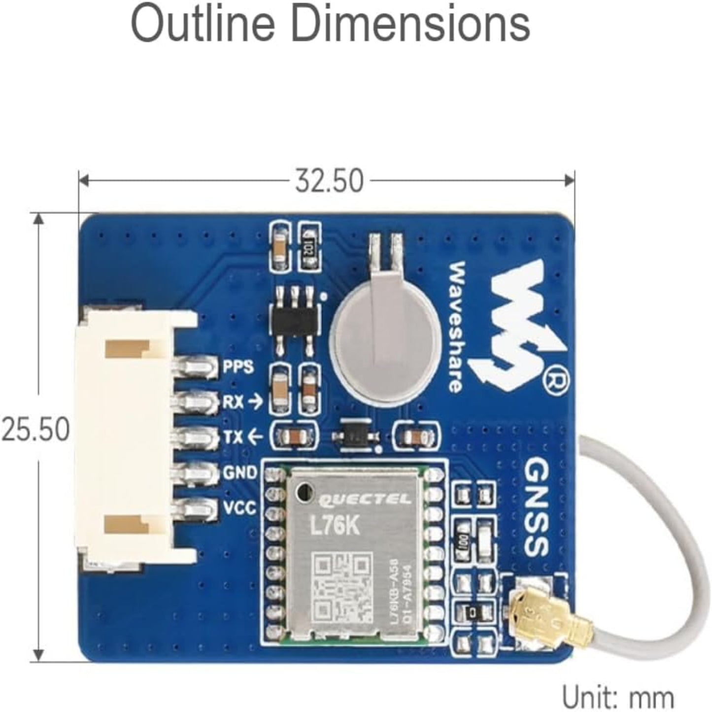 L76K Multi-GNSS Module outline dimensions with interface ports and integrated GPS receiver.