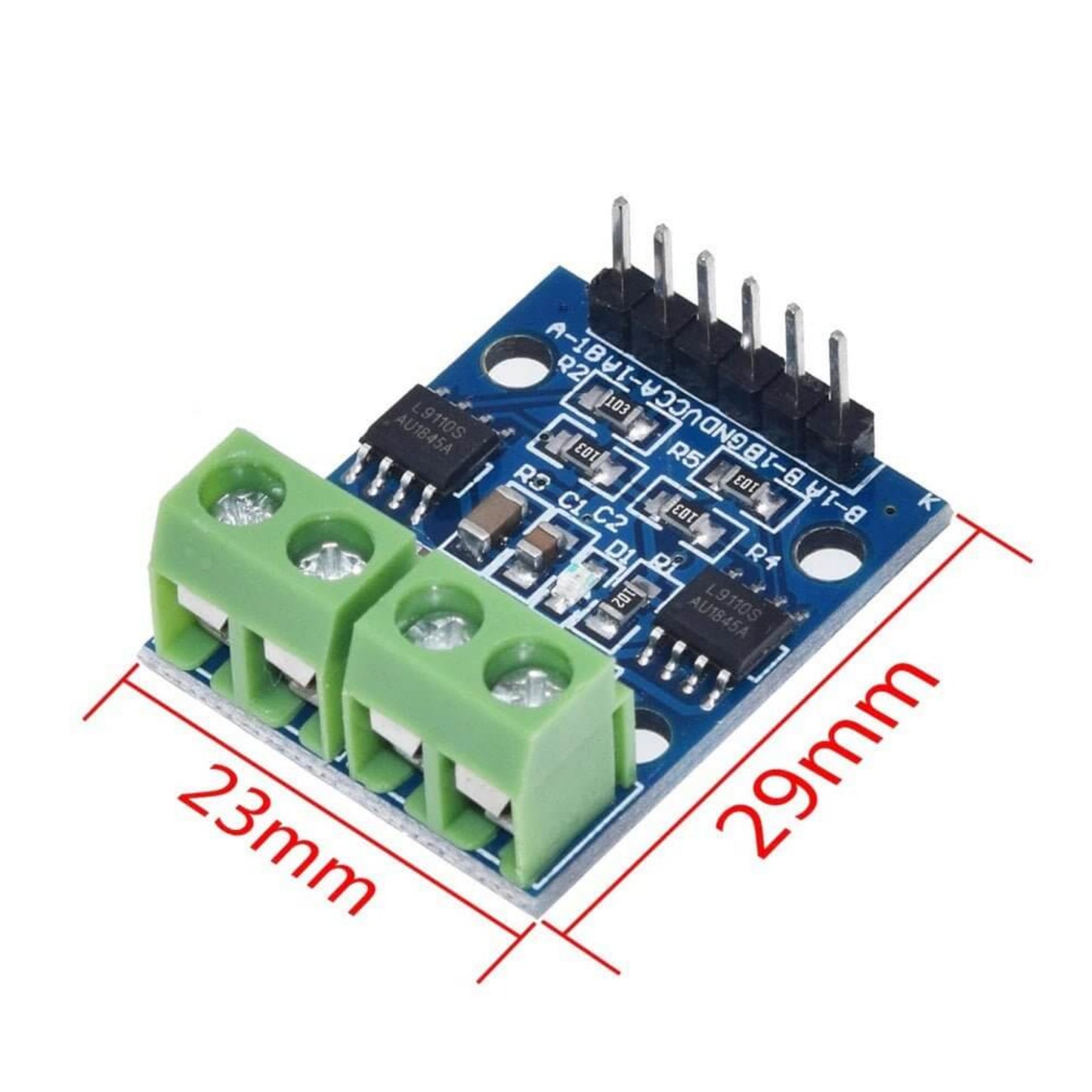 L9110S Motor Driver Board for DC and stepper motors, dimensions 23mm x 29mm, dual DC motor module.
