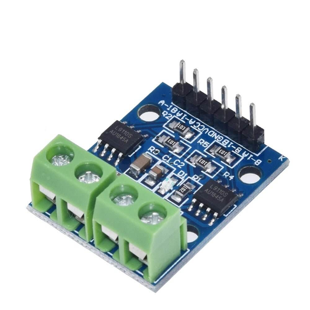L9110S motor driver board with H-bridge and dual DC motor connections, suitable for 2.5-12V motors.