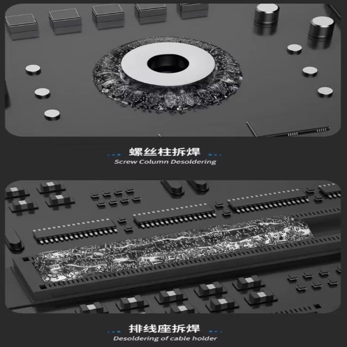 Image showcasing screw column desoldering and cable holder desoldering using professional tools.