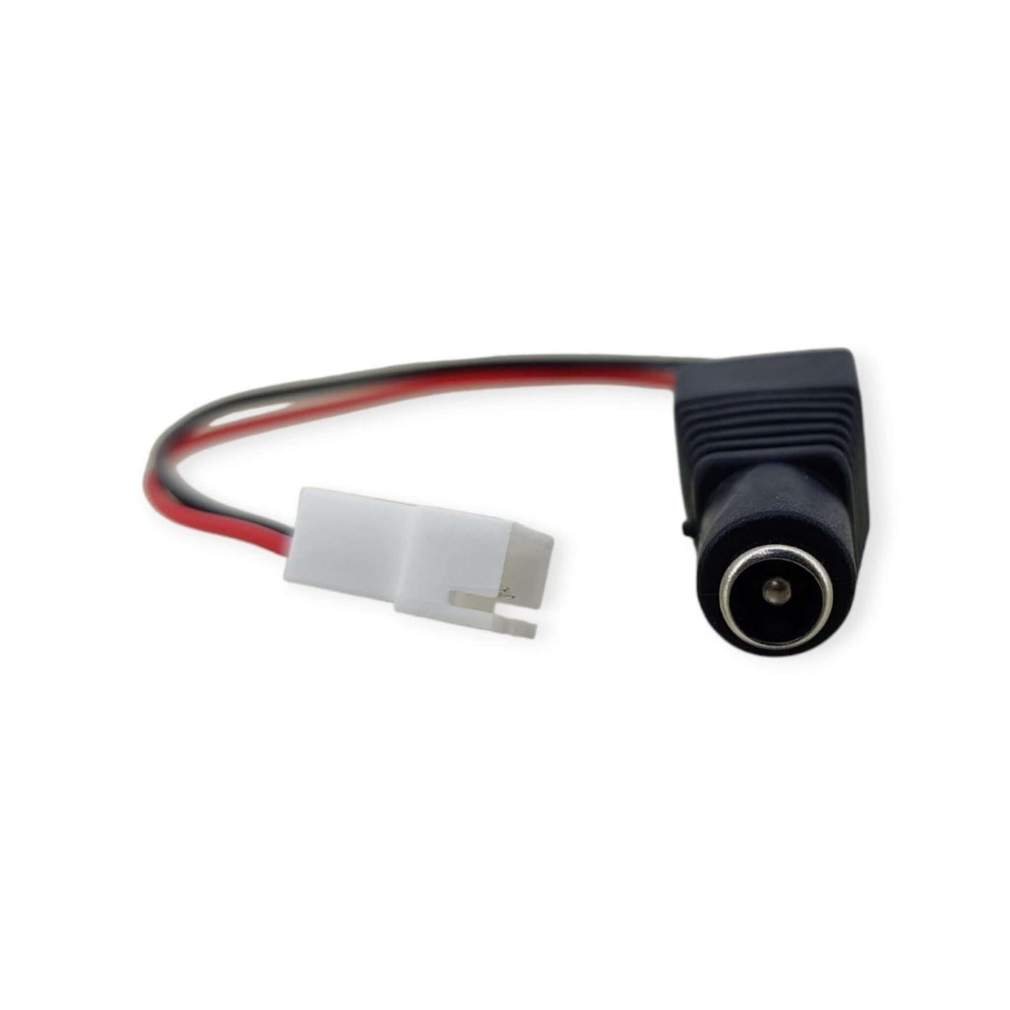 White JST connector to DC 5.5x2.1mm male adapter cable for LiPo battery chargers, LED strips, and DIY electronics.