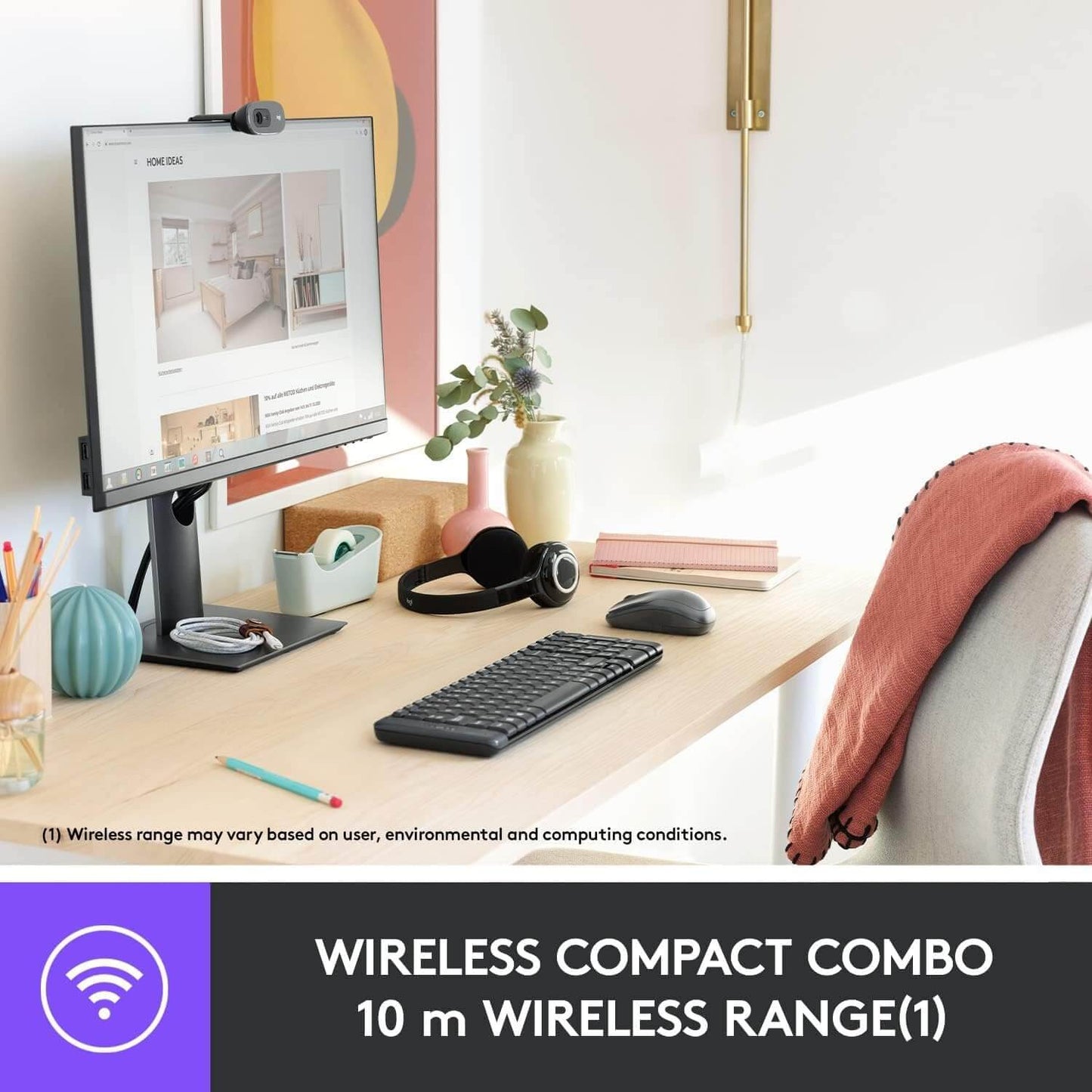 Logitech MK220 wireless keyboard and mouse combo on a neat workspace, showcasing compact design and 10m wireless range.