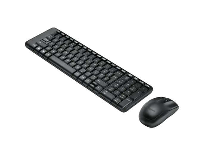 Logitech MK220 wireless keyboard and mouse combo showcasing a compact design for easy workspace organization.