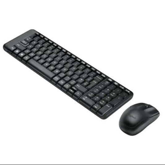 Logitech MK220 wireless keyboard and mouse combo showcasing a compact design for easy workspace organization.