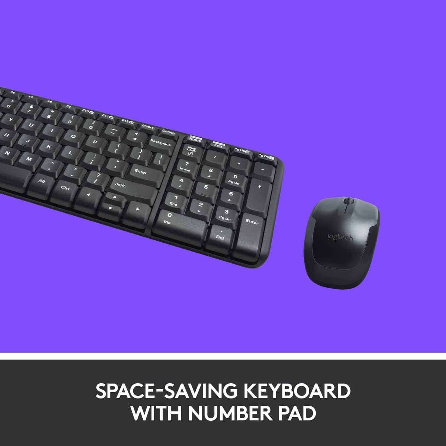 Logitech MK220 wireless keyboard with number pad and mouse on purple background, compact design for workspace.