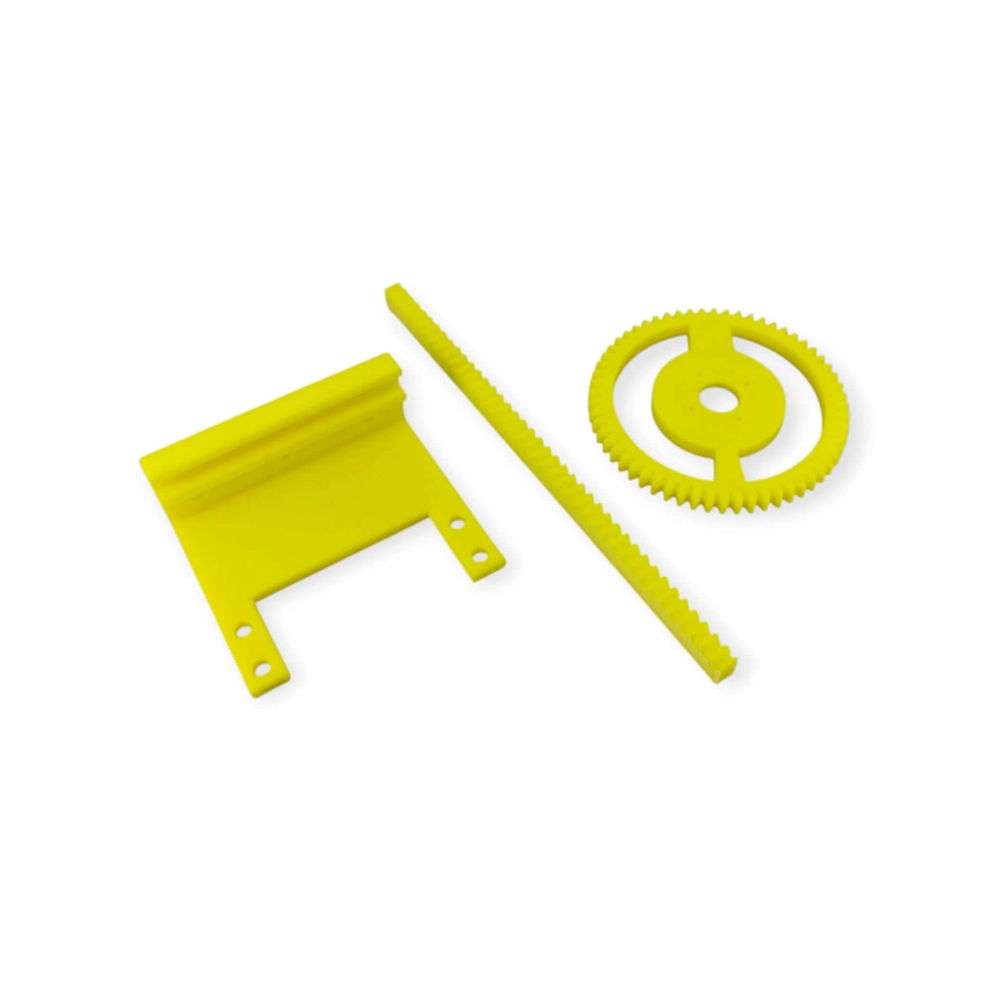 Yellow rack and pinion gear mechanism with mounting bracket and linear rail, designed for MG996 servo projects.