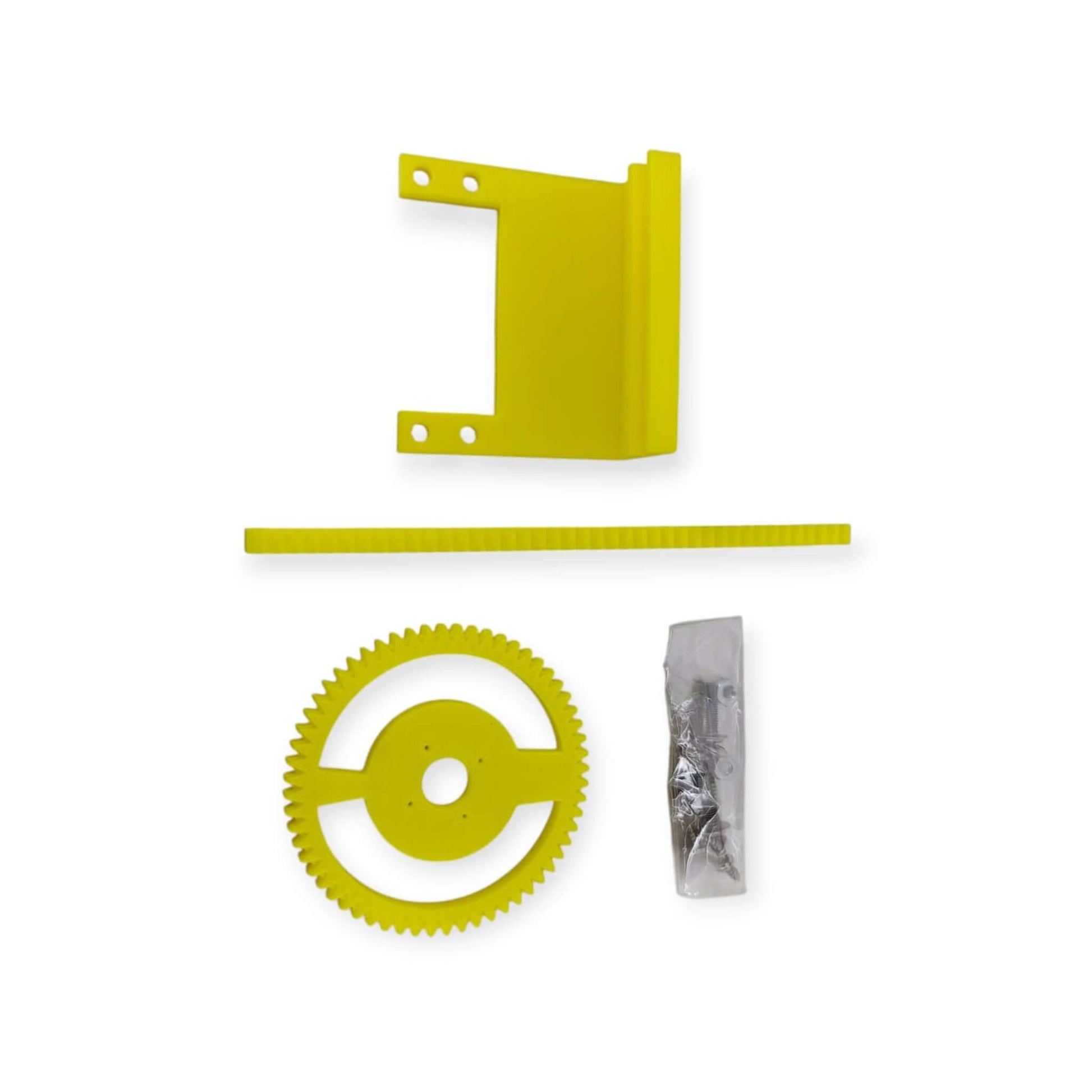 Complete set of yellow rack and pinion linear actuator components for MG996 servo, with hardware.