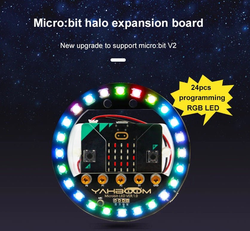 Micro:bit V2 RGB ring expansion board with 24 programmable RGB LEDs for robotics and STEM education.