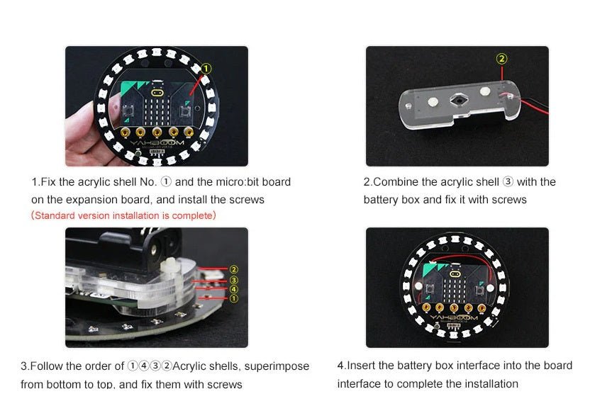 Installation guide for Micro:bit V2 RGB LED expansion board with steps and acrylic shell assembly.
