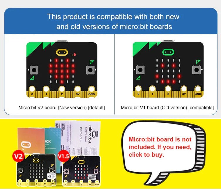 Comparison of Micro:bit V2 and V1 boards showcasing compatibility with RGB LED expansion board.