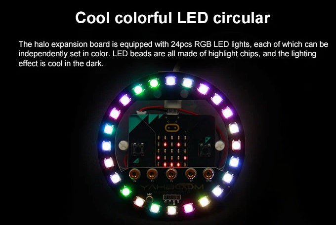 Micro:bit V2 RGB LED expansion board with 24 programmable lights showcasing colorful effects.