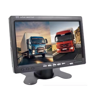 7-inch HD CCTV monitor displaying a split screen of three large trucks, suitable for vehicle surveillance.