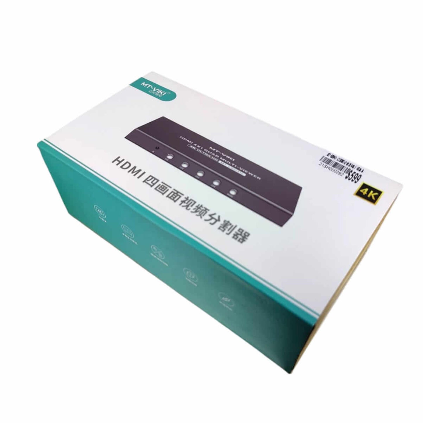 MT-VIKI 4K HDMI Multiviewer 4x1 packaging box showing model and features.
