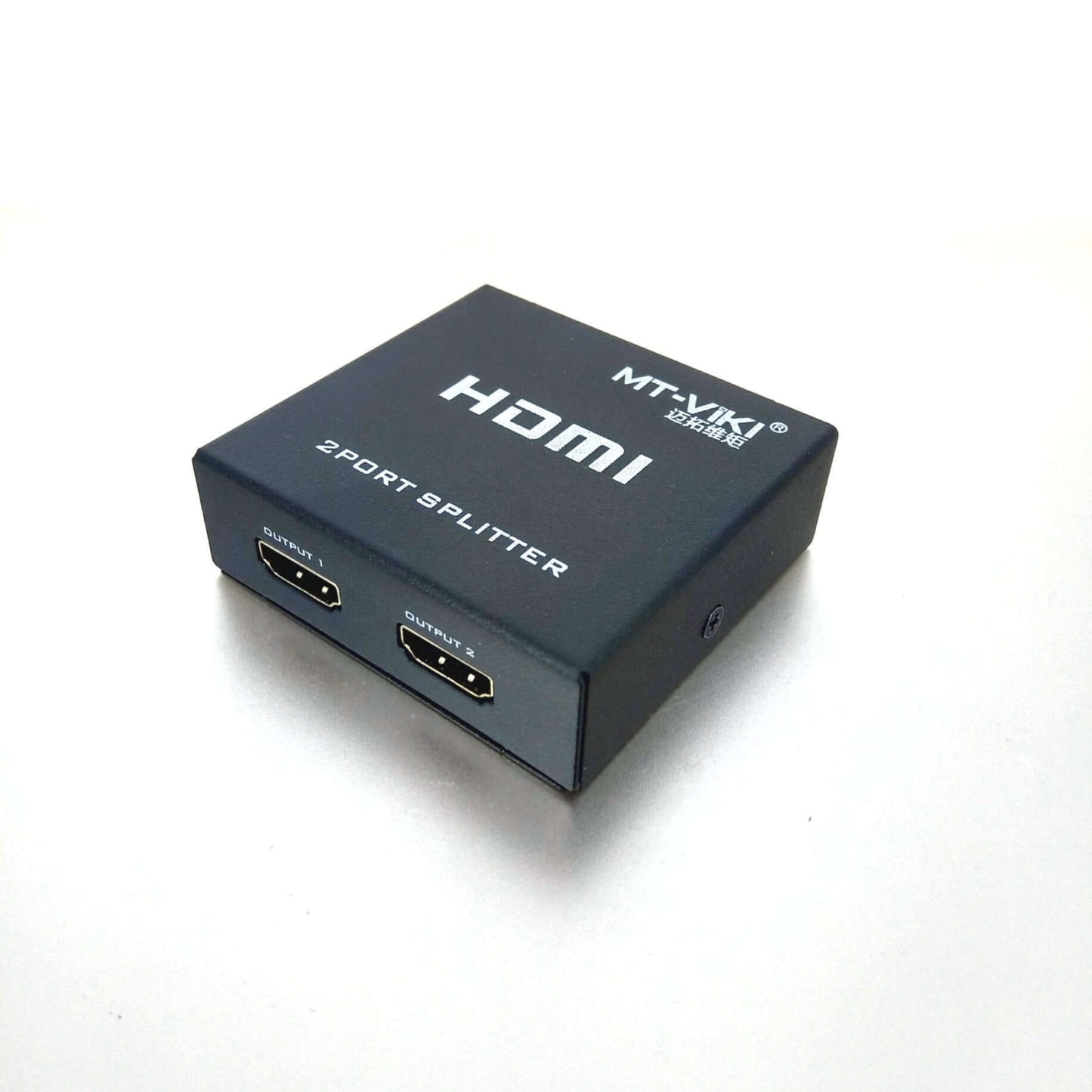MT-VIKI 2-Port HDMI Splitter 1x2 for duplicating HDMI signal to two displays, compact design.