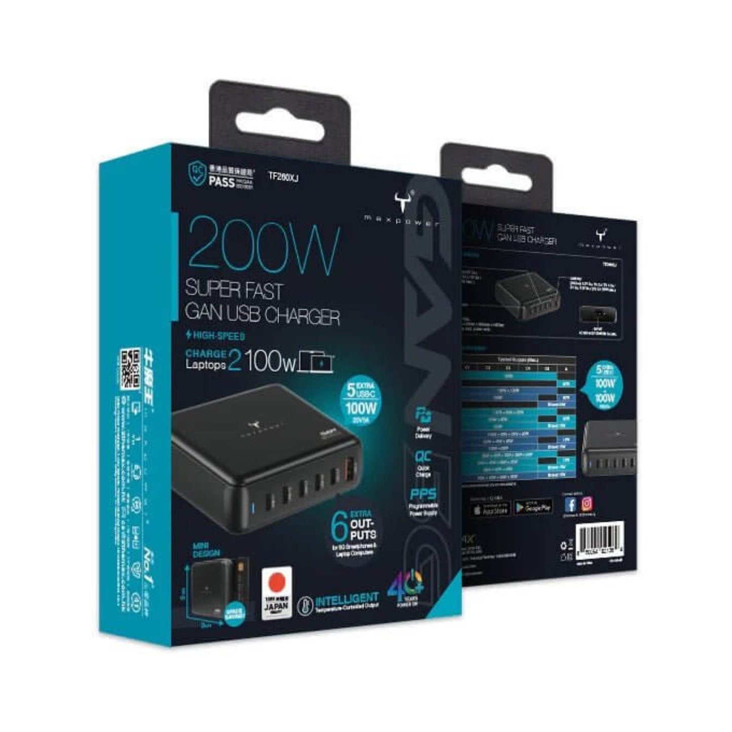 Maxpower TF260XJ 200W GaN USB Charger packaging showcasing 6-Port Smart Dynamic Charging features.