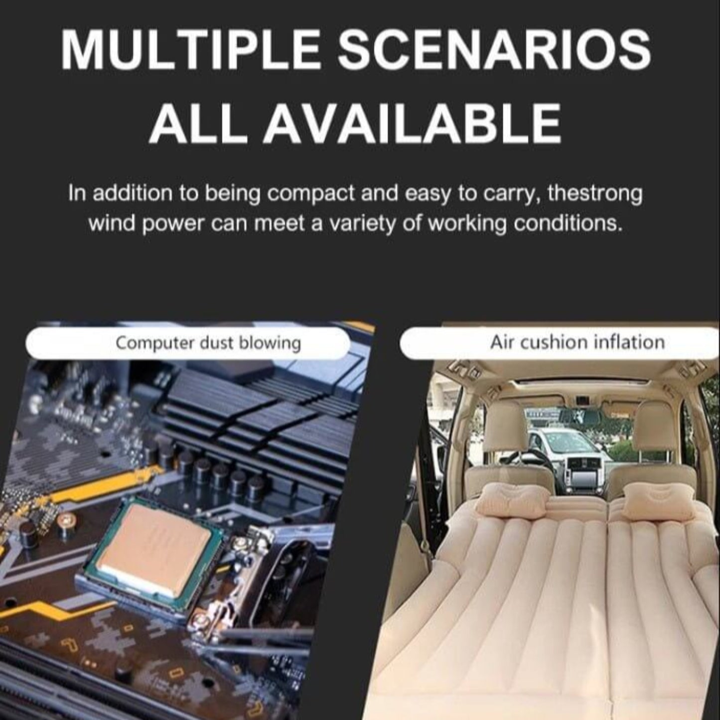 Demonstration of the Mini Turbo Jet Fan for computer dust blowing and air cushion inflation in various scenarios.