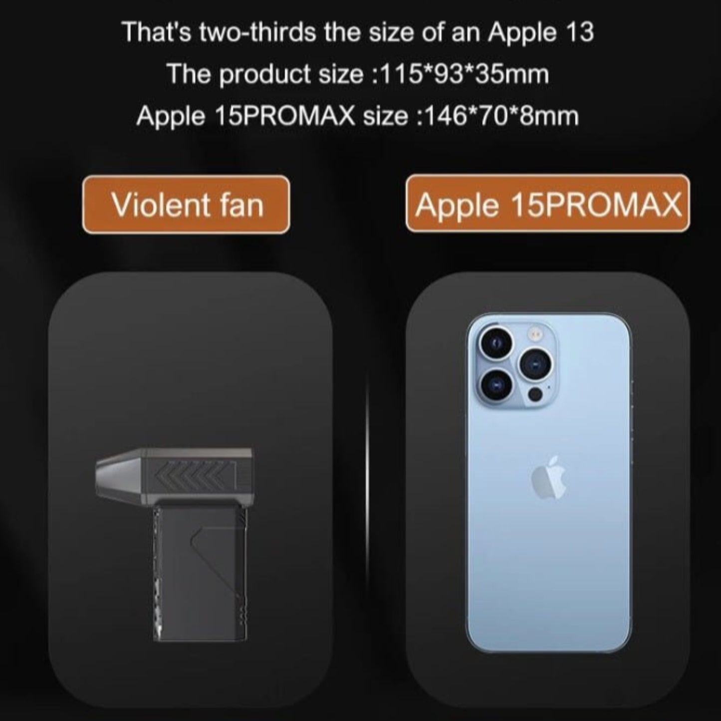 Compact mini fan comparison with Apple 15Pro Max, showcasing size and portability features.