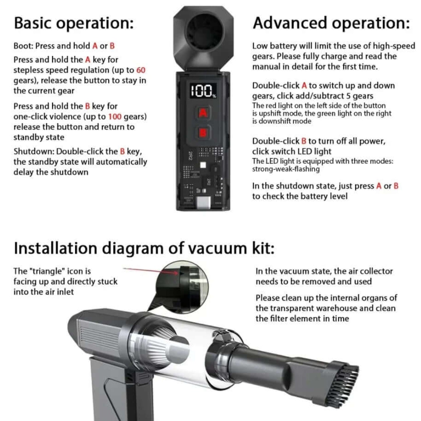Installation guide and operation instructions for the 130,000 RPM Mini Turbo Jet Fan and vacuum kit components.