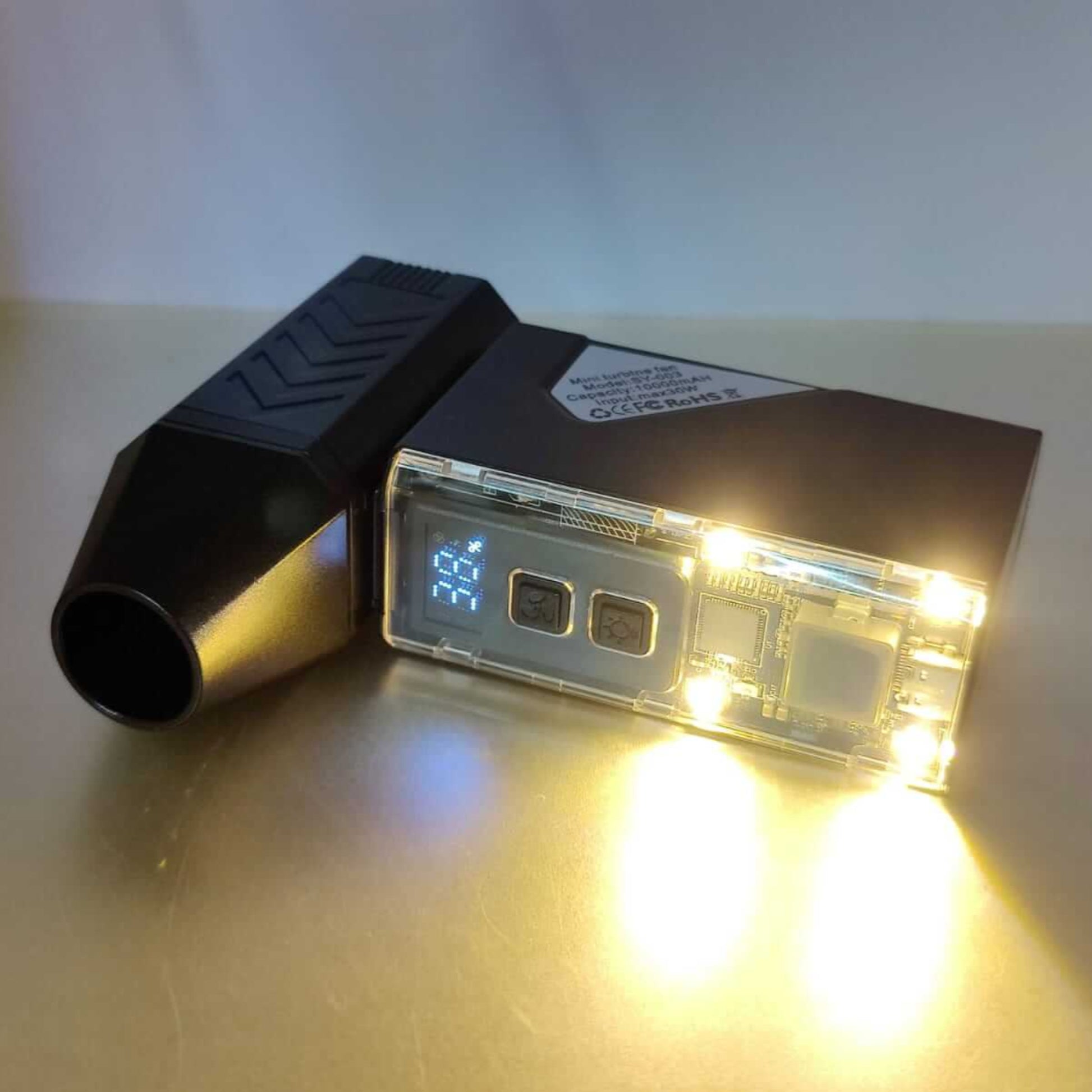 130,000 RPM Mini Turbo Jet Fan, portable dust blower and vacuum with LED lights and digital display.