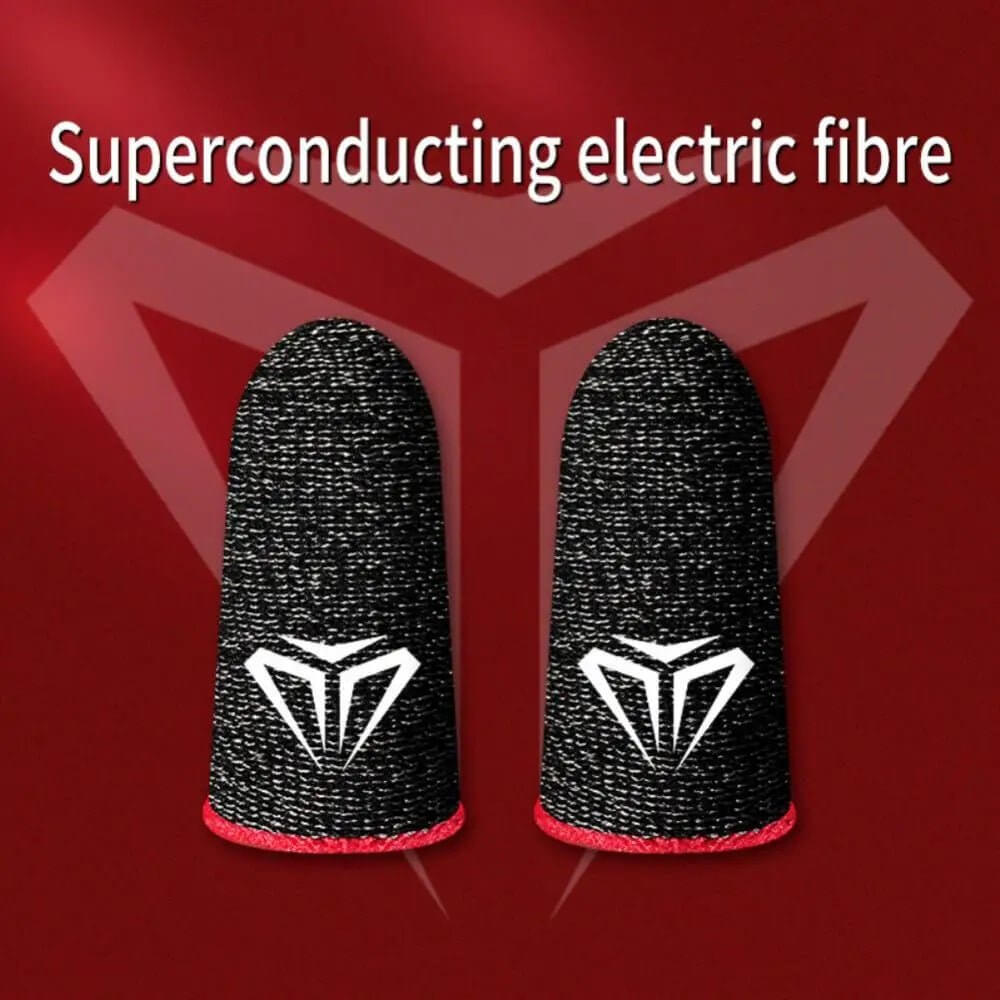 Mobile gaming finger sleeves made of superconductor electric fiber for enhanced touch sensitivity and anti-sweat performance.