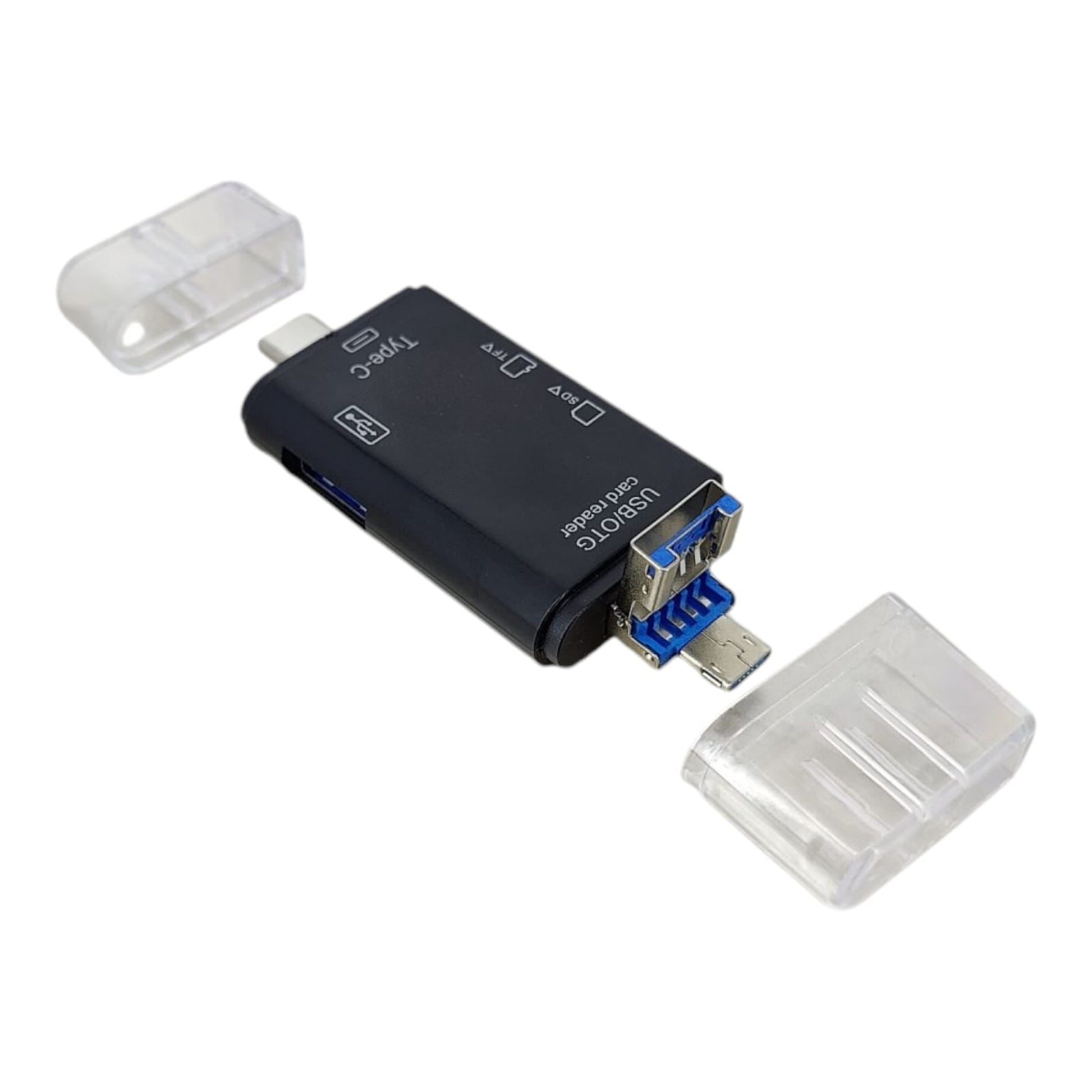 6-in-1 USB-C Micro USB SD/TF Card Reader with transparent caps, compatible with multiple devices for data transfer.