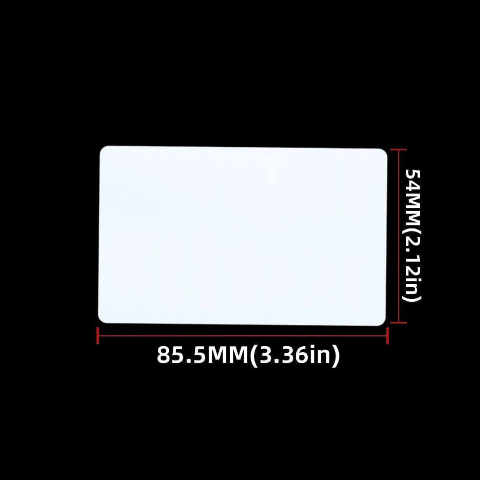 NFC NTAG213 blank PVC card dimensions and NATG213 chip details on a black background.