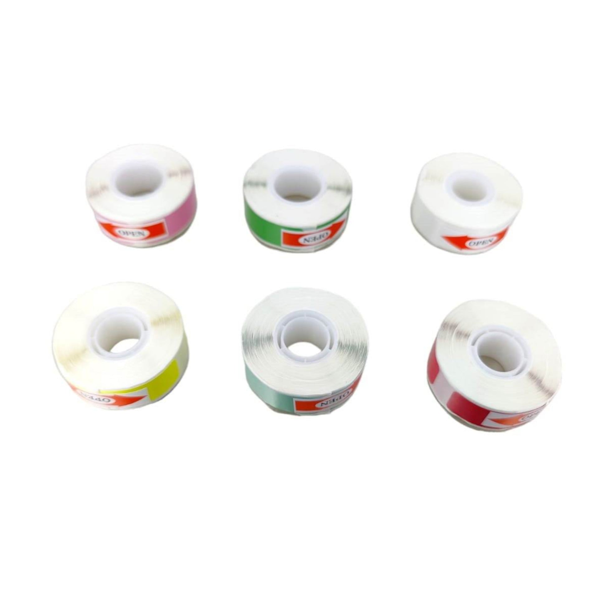 Multicolor P15 thermal label tape rolls, including pink, green, white, yellow, mint green, and red, versatile.