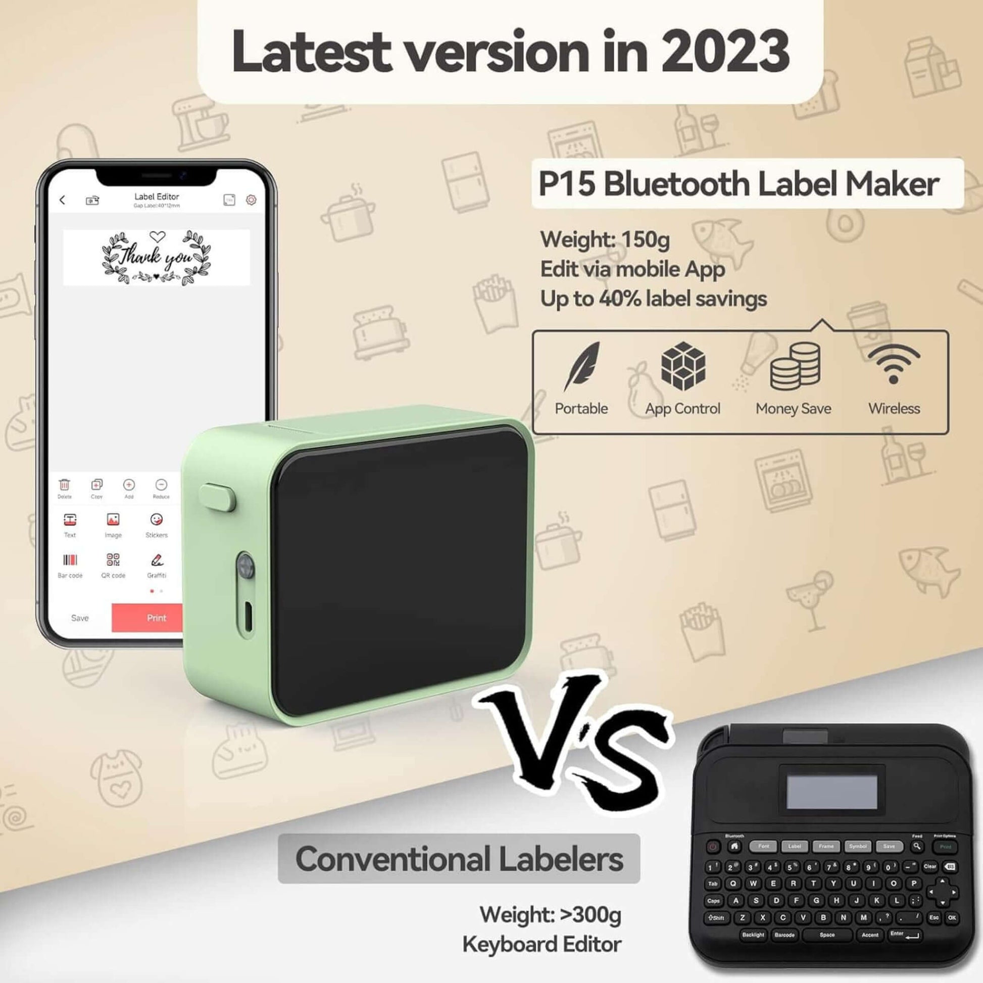 Comparison of P15 Bluetooth label maker (portable, app control) with a larger conventional labeler.