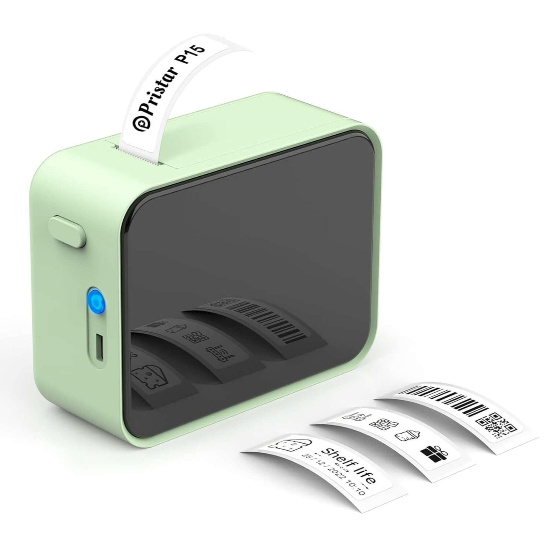 Green P15 Bluetooth thermal label maker with a printed label, showcasing its compact design.