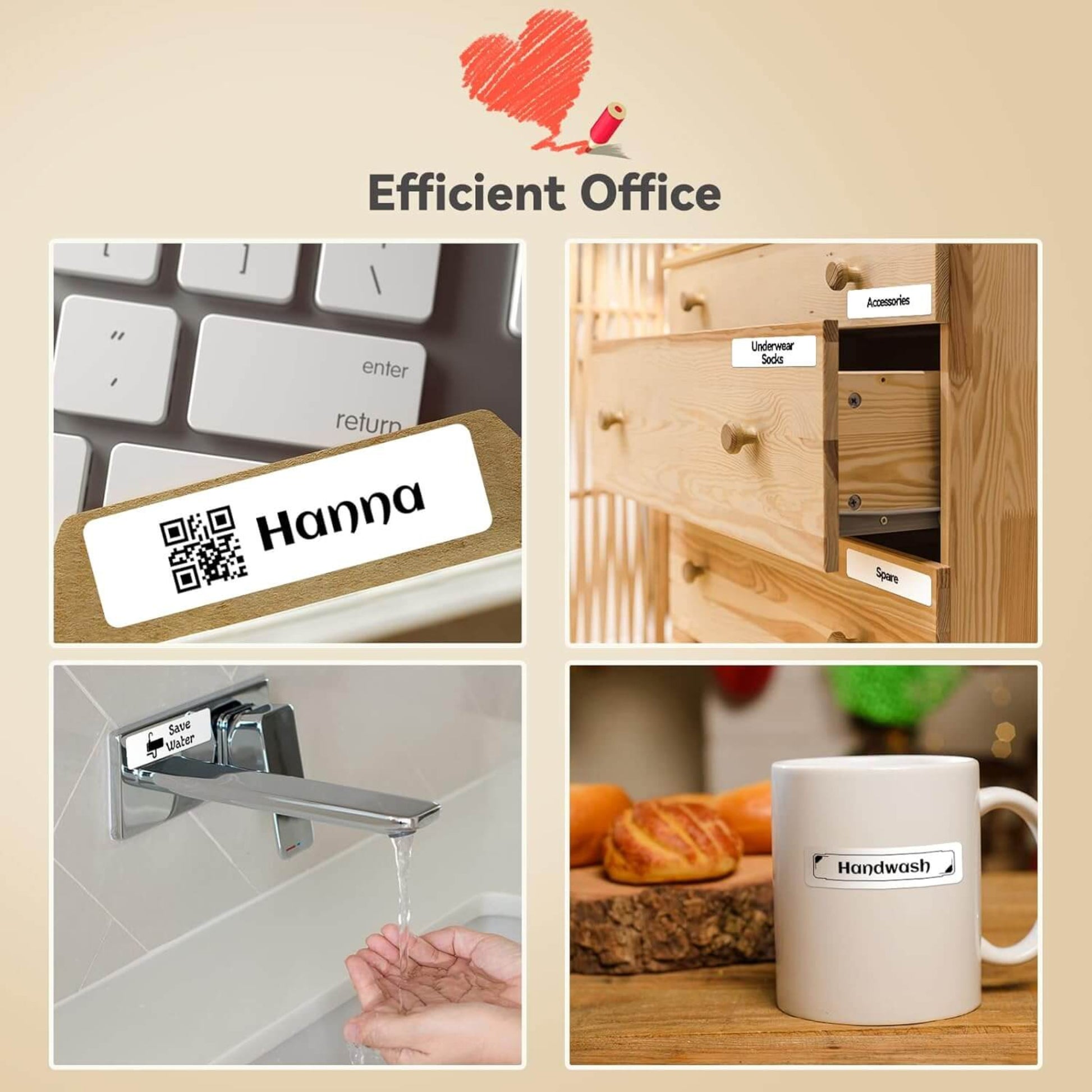 P15 label maker for efficient office and home organization, labeling drawers, sinks, and mugs.