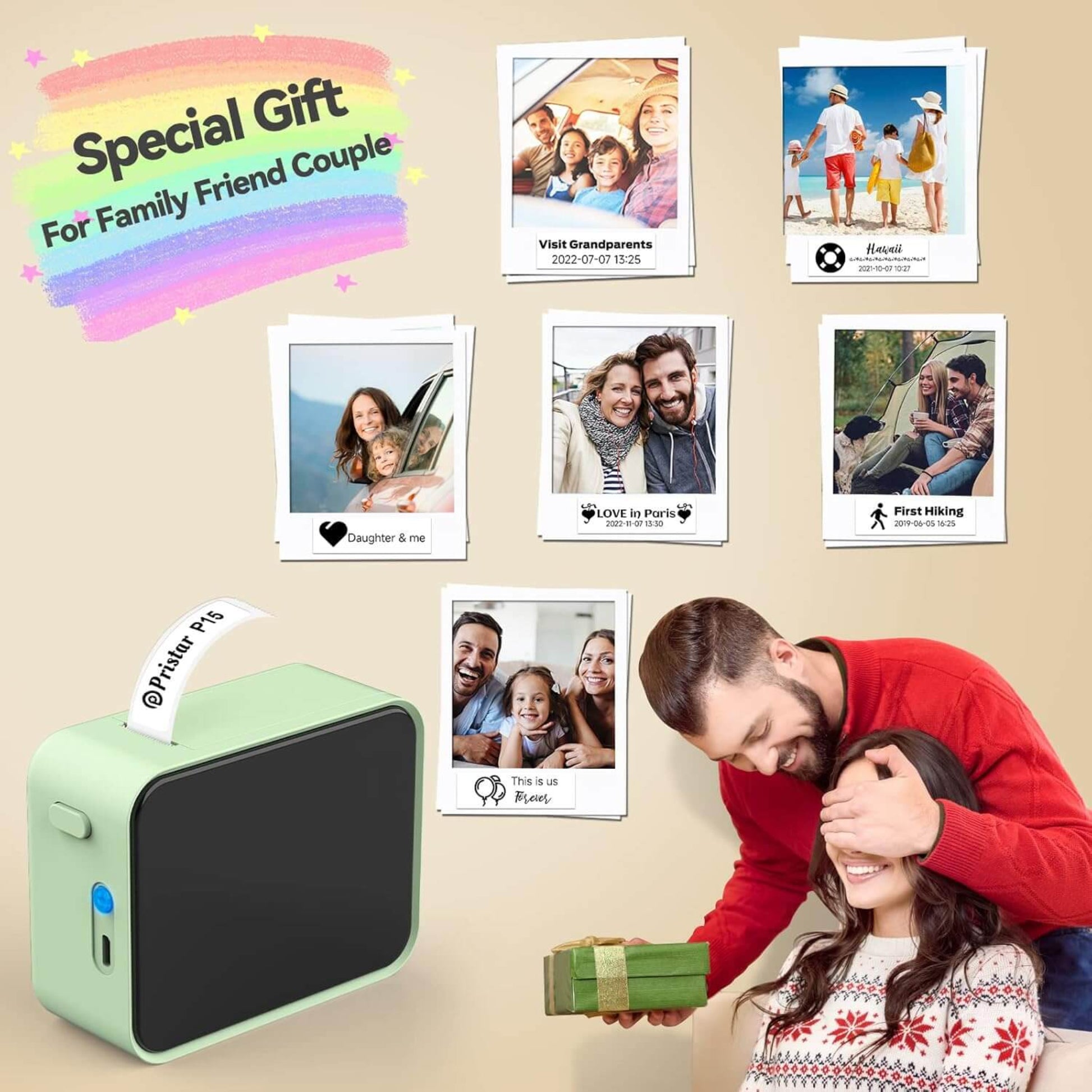 P15 label maker as a special gift, printing labels for family photos and memories.