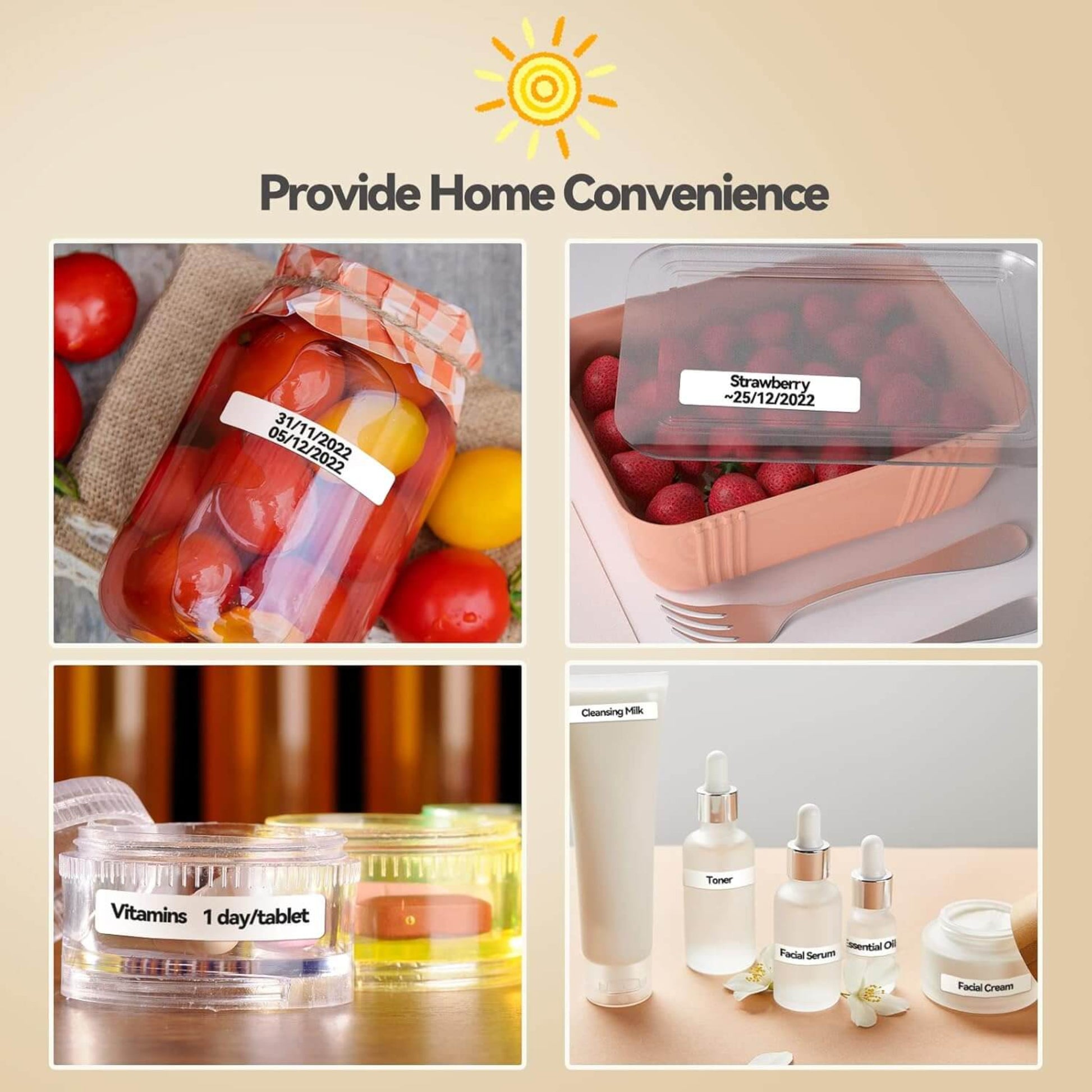 P15 label maker providing home convenience by labeling food containers, vitamins, and beauty products.