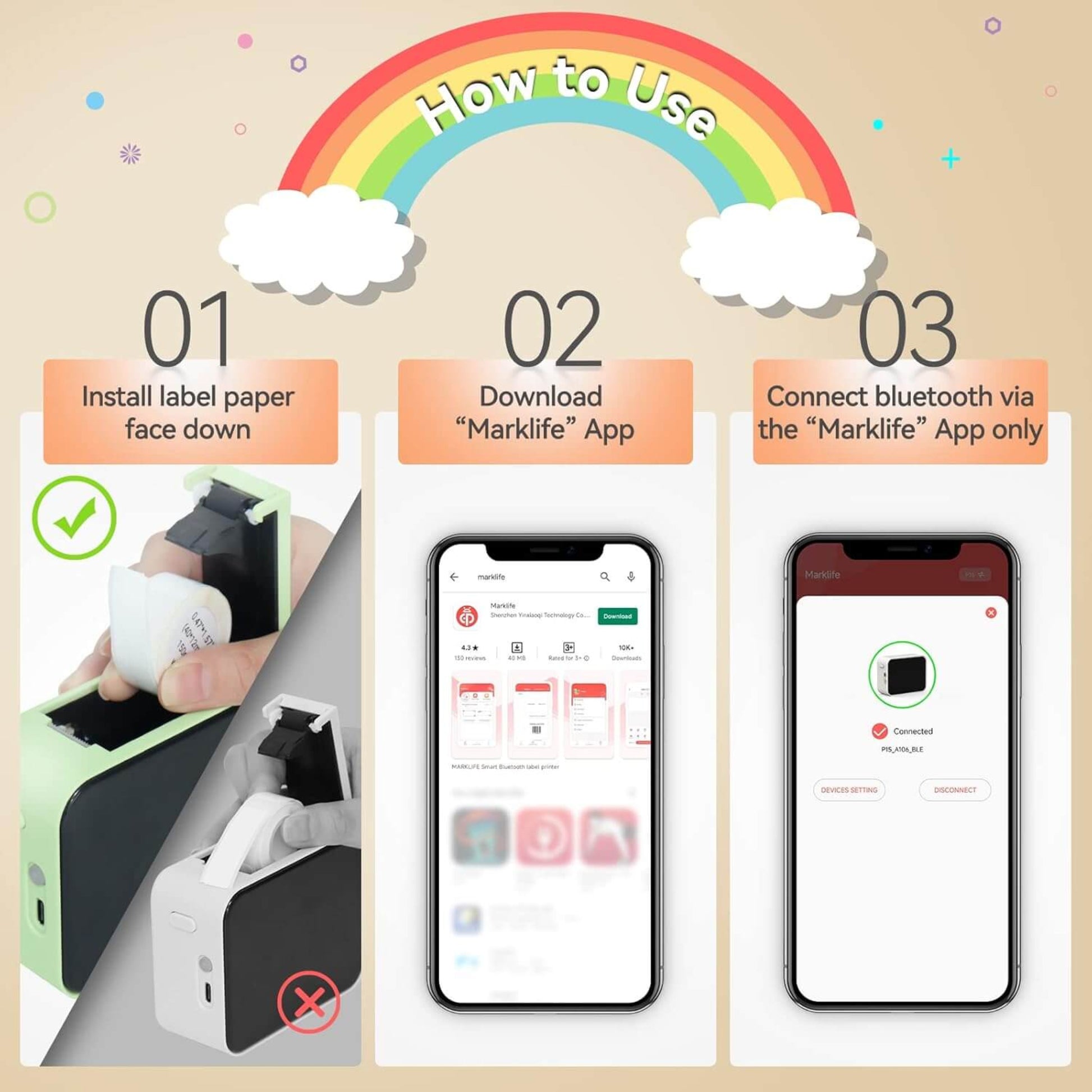 Step-by-step guide on how to use the P15 label maker: install paper, download app, connect Bluetooth.