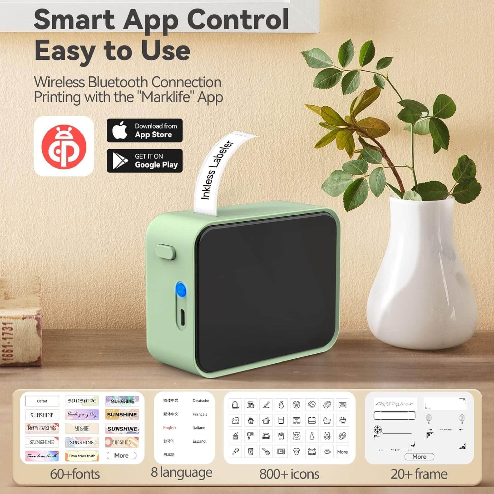 P15 label maker with smart app control, offering multiple fonts, languages, icons, and frames.