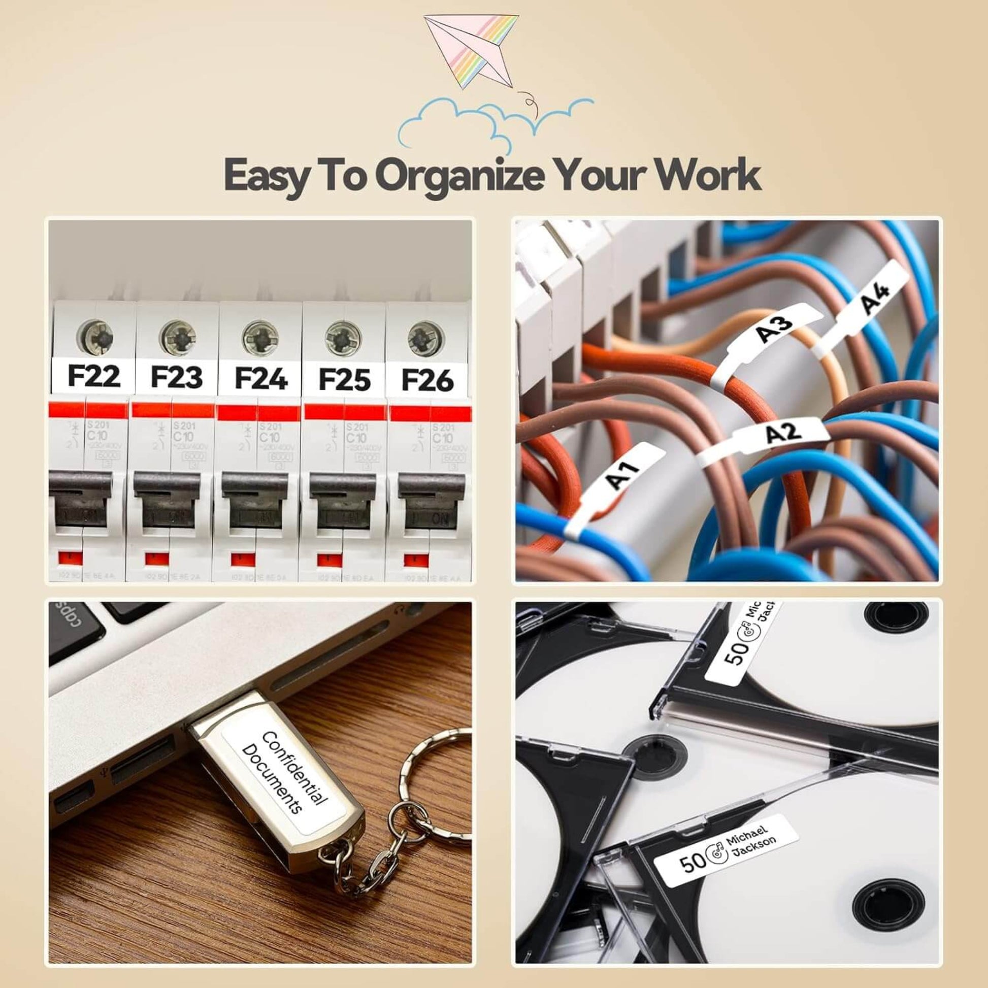 P15 label maker organizing cables, circuit breakers, USB drives, and CDs for work efficiency.