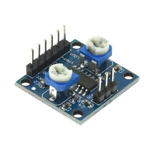 PAM8406 stereo noiseless power amplifier module with volume potentiometer, compact design for electronic devices.