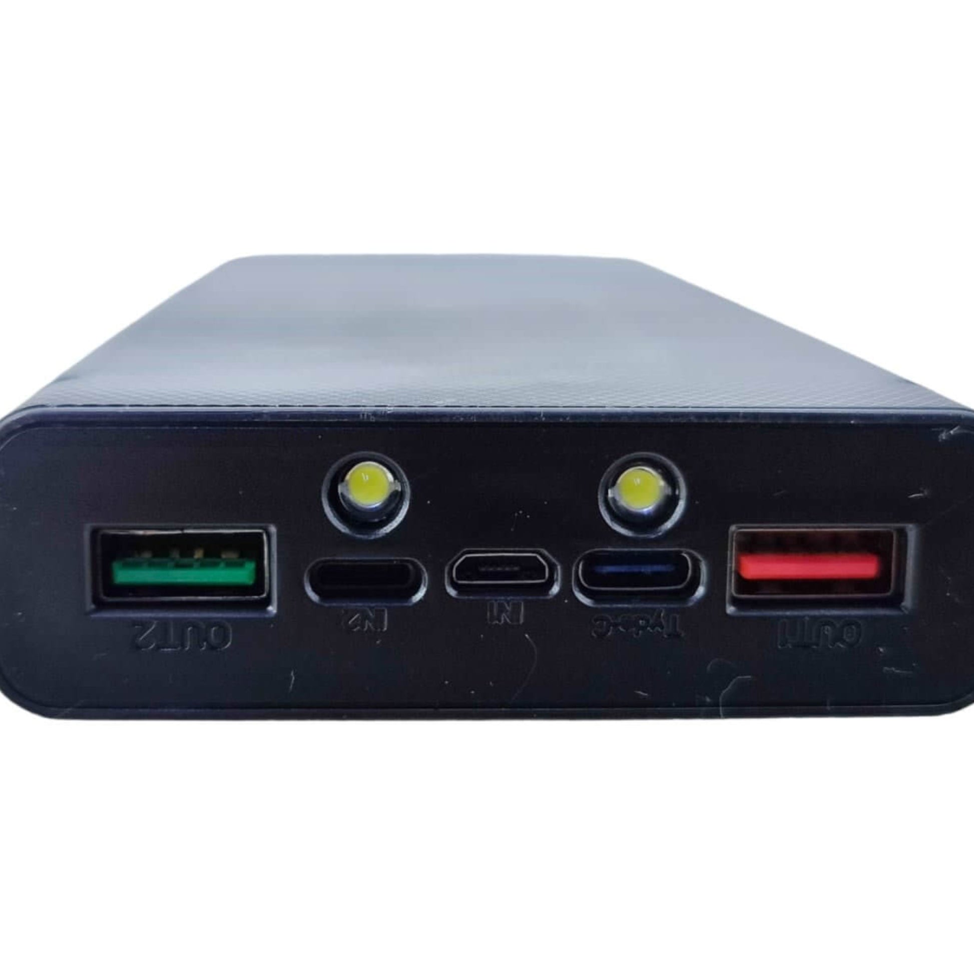 Close-up of the I/O ports on the PD22.5W power bank, including two USB-A outputs, a USB-C input/output, and a Micro-USB input.