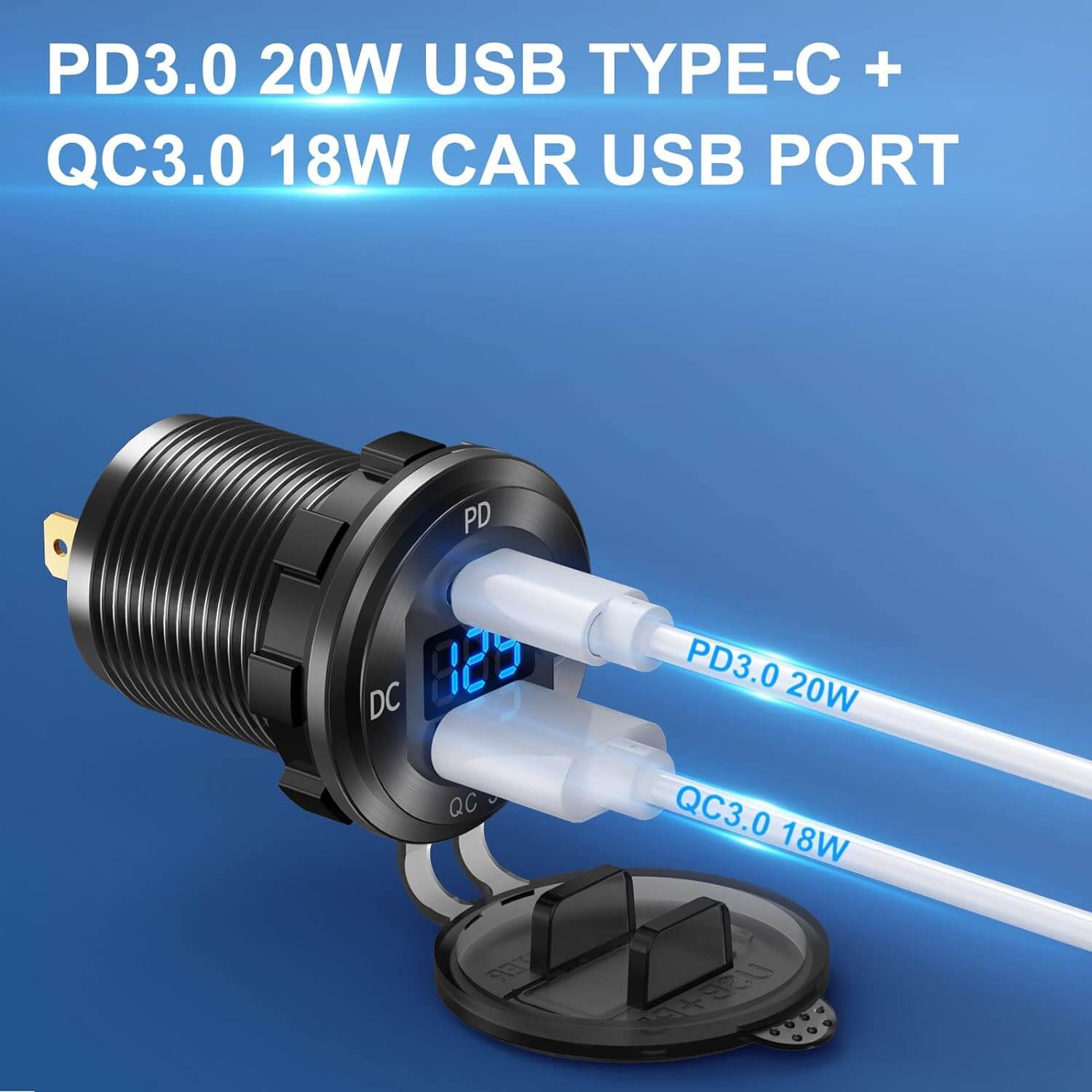 Aluminium car charger with PD3.0 20W USB Type-C and QC3.0 18W car USB port, featuring voltmeter display.