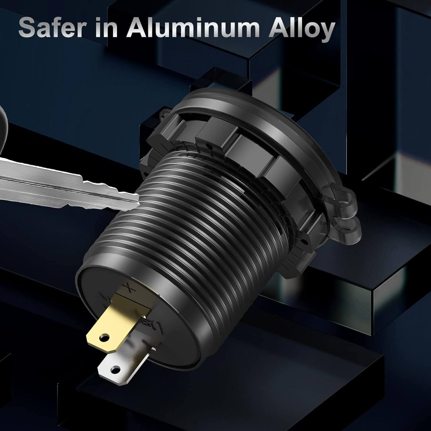 Aluminum alloy car charger socket with keys for scale, showcasing durability and safety features.