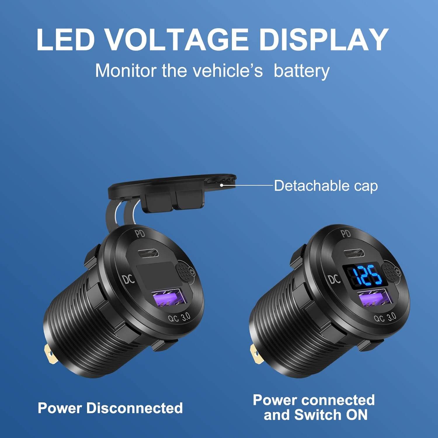 LED voltage display image showing power status of aluminum car charger with detachable cap and USB ports.
