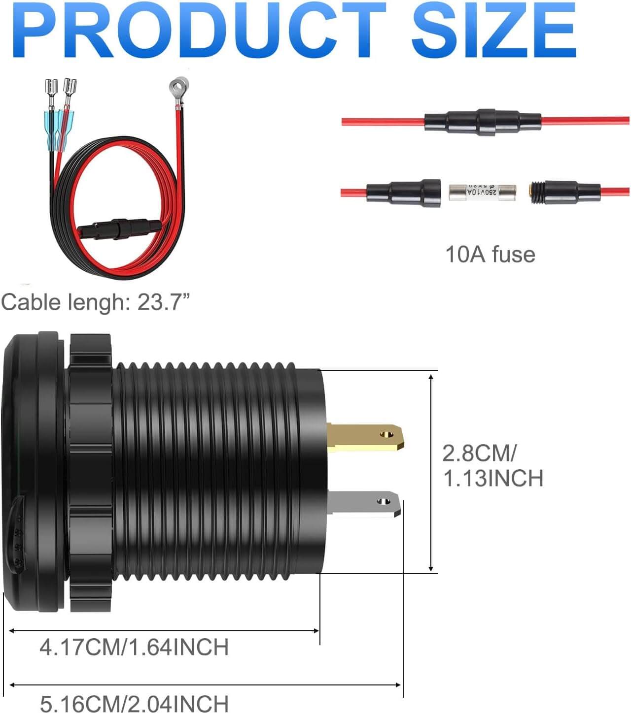 Product size details for an aluminum car charger showing dimensions and cable information.