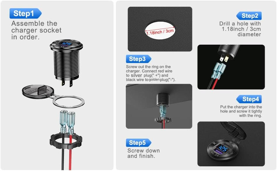 Step-by-step installation guide for Aluminum Car Charger with voltmeter and wiring instructions.