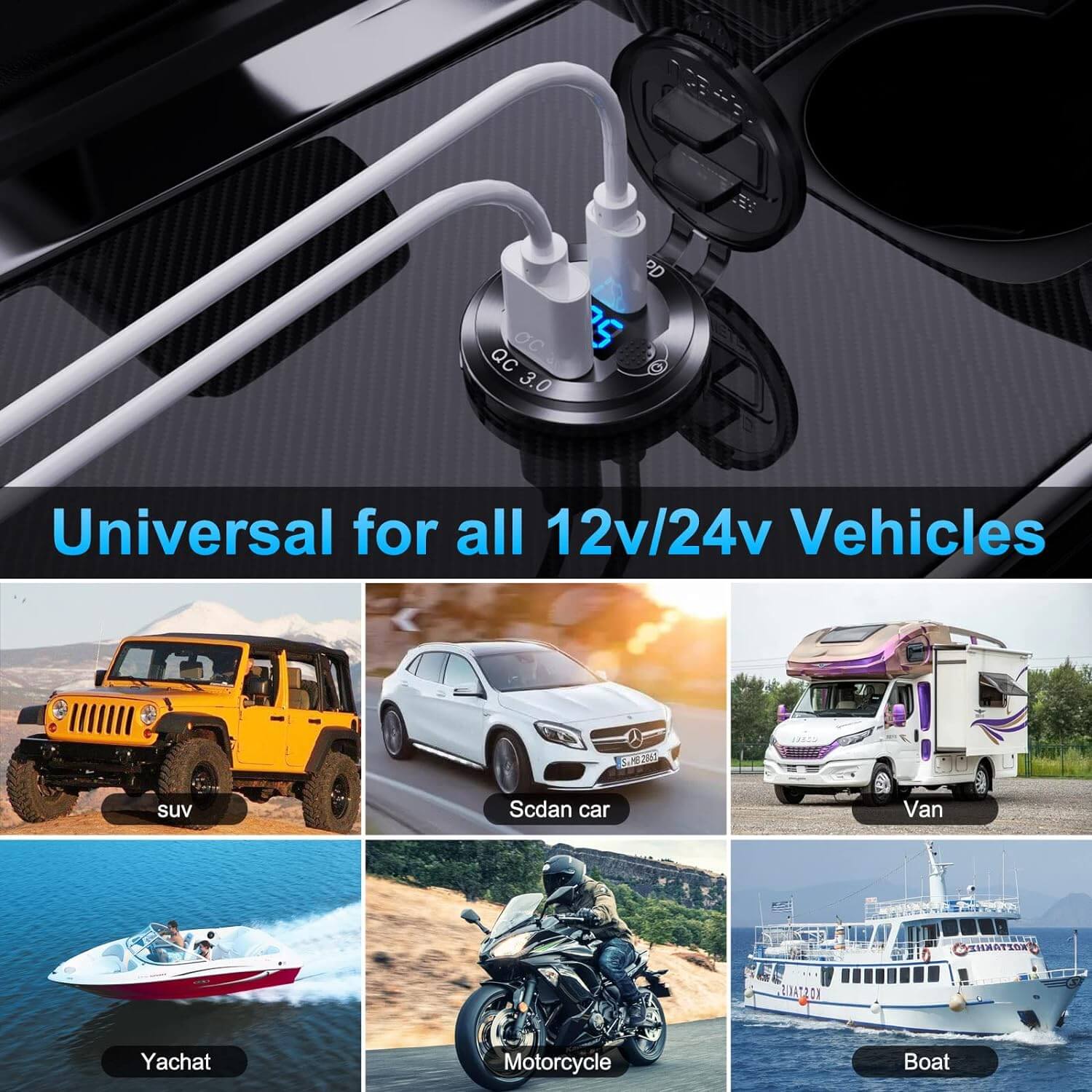 Universal 12V/24V car charger socket compatible with SUV, sedan, van, yacht, motorcycle, and boat.