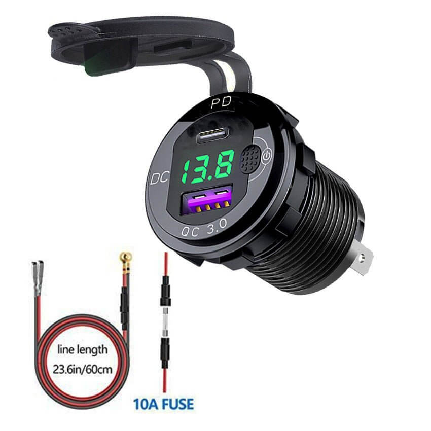 Aluminium car charger with voltmeter, USB-C PD 20W, Quick Charge 3.0, waterproof design