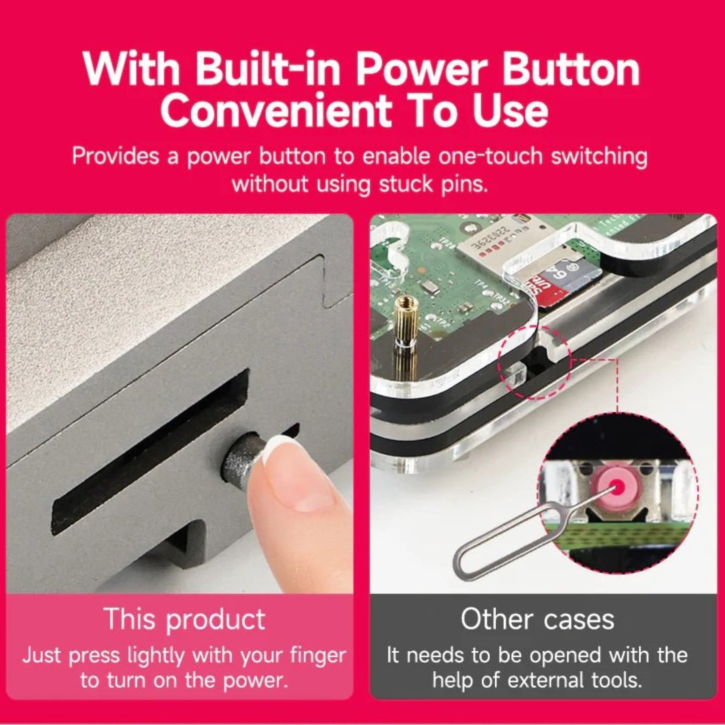 Raspberry Pi 5 case showcasing convenient built-in power button for easy one-touch operation without stuck pins.