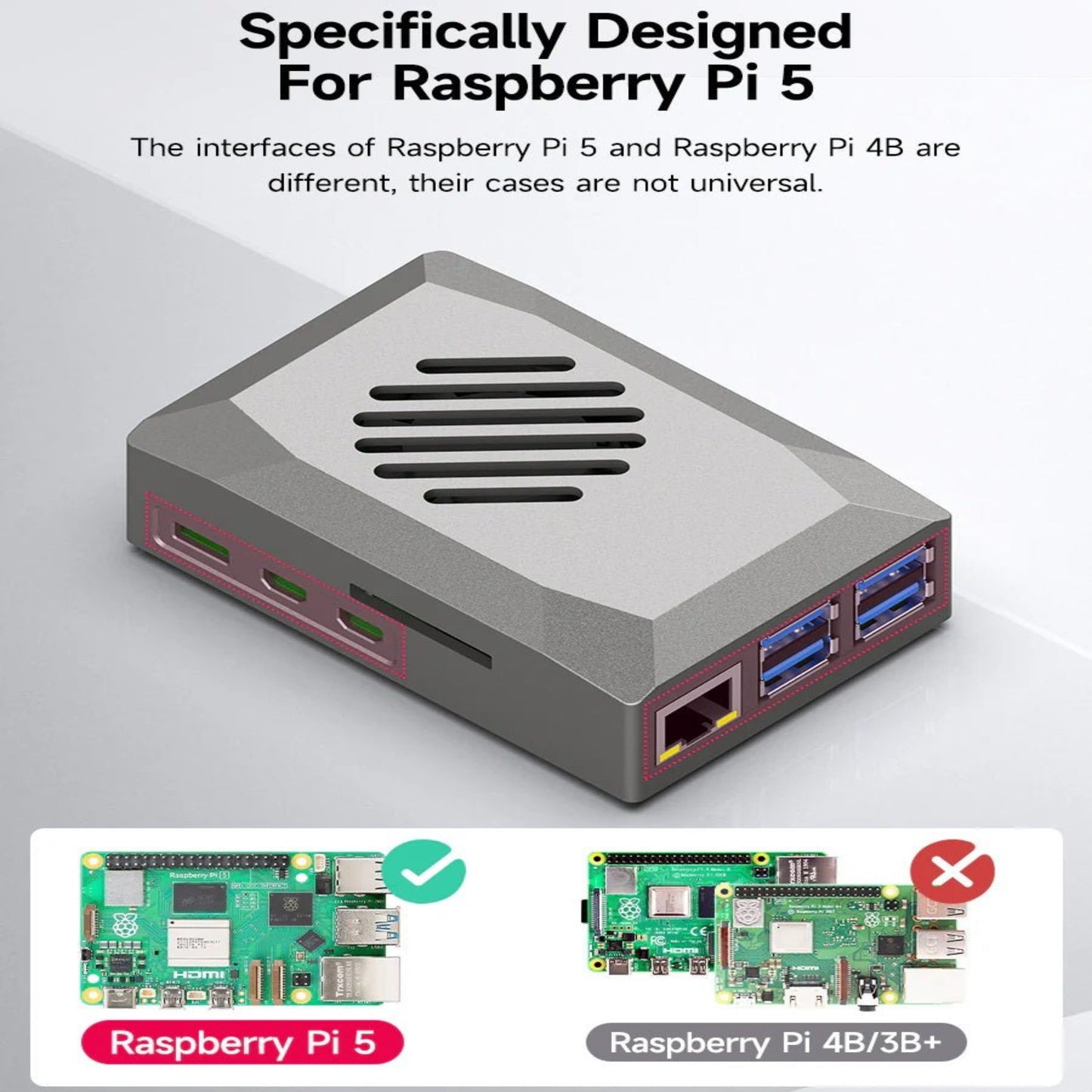 Silver ABS case for Raspberry Pi 5 showing unique interface design, compatible with PWM cooling fan.