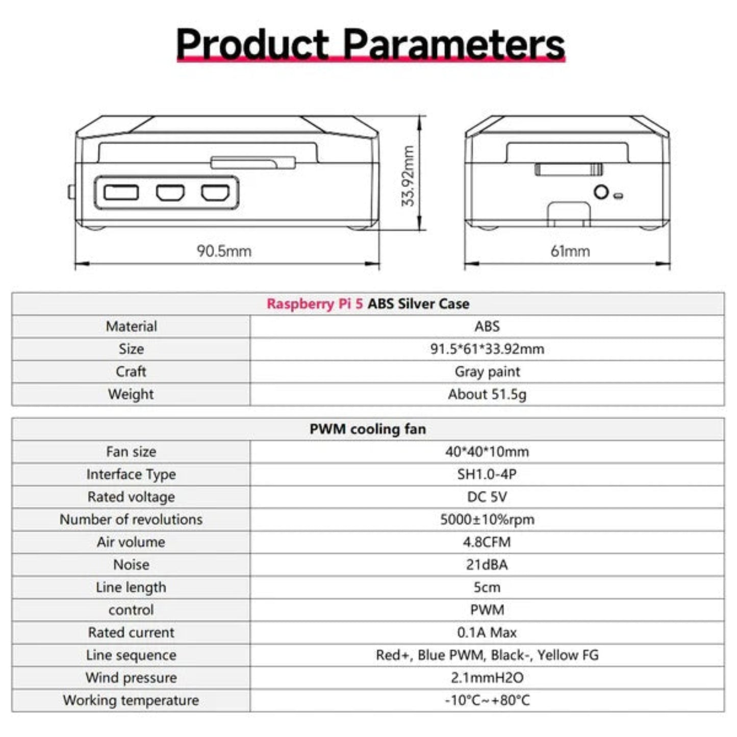 Raspberry Pi 5 silver ABS case specifications with PWM cooling fan details and dimensions.